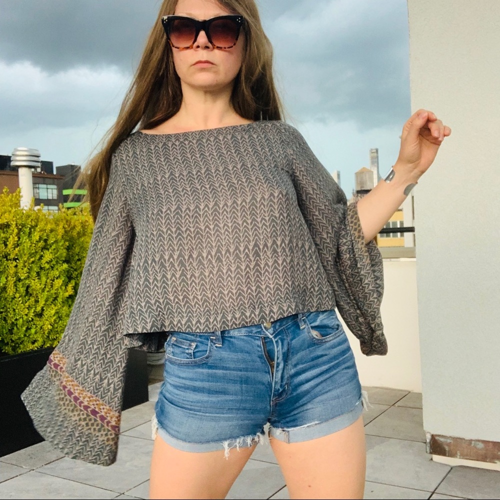 Free People Geometric Abstract Chevron Boatneck Statement Flare Bell Sleeve Top - Picture 10 of 16
